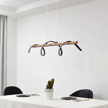 Lindby LED závesné svetlo Spiraali, čierna farba, drevo, dĺžka 95 cm