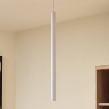 Lindby LED závesné svietidlo Lumaro, biele, Ø 3cm, hliník, 48V, stmievateľné