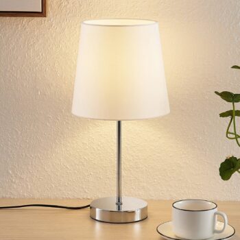 Lindby Leza stolná lampa chróm, tienidlo biele