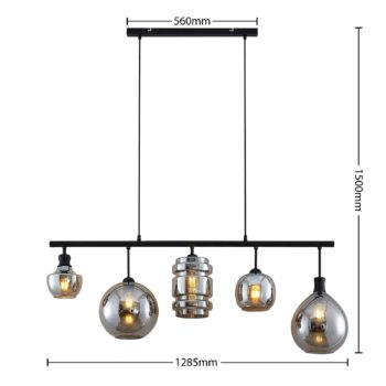 Lindby Mateno sklená závesná lampa, 5-pl. sivá