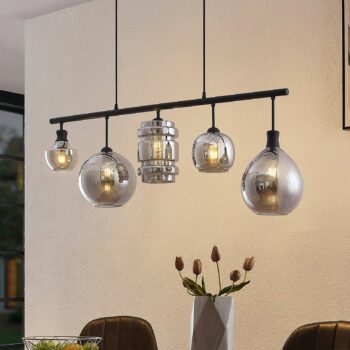 Lindby Mateno sklená závesná lampa, 5-pl. sivá