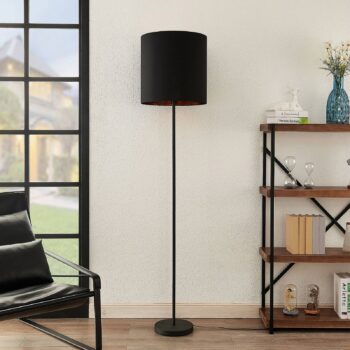 Lindby Nymar stojaca lampa, látka, čierno-zlatá
