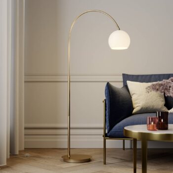 Lindby Oblúková lampa Cynthia, mosadzová farba, sklo, 140 cm, E27