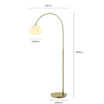 Lindby Oblúková lampa Cynthia, mosadzová farba, sklo, 140 cm, E27