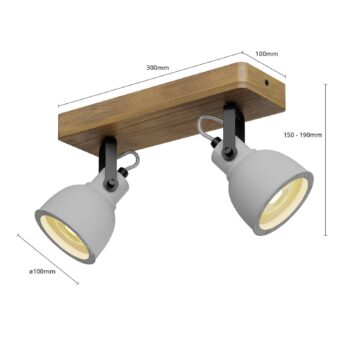 Lindby Spot Mitis, 30 cm, 2 svetlá, sivá, drevo, betón, GU10