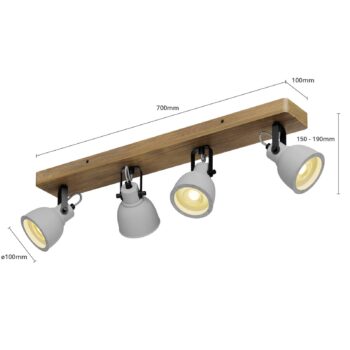 Lindby Spot Mitis, 70 cm, 4 svetlá, sivá, drevo, betón, GU10