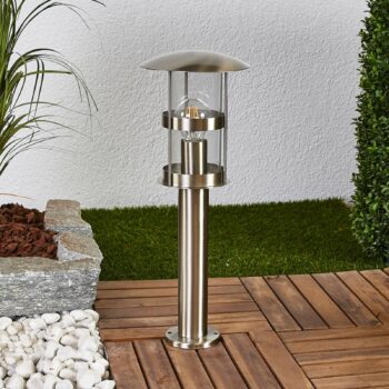 Lindby Stojaca lampa Noemi, sivá, nerezová oceľ, 50 cm, IP44