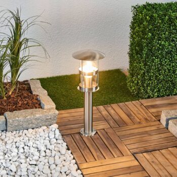Lindby Stojaca lampa Noemi, sivá, nerezová oceľ, 50 cm, IP44