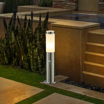 Lindby Stojaca lampa Statius, sivá, nerezová oceľ, senzor, 45 cm