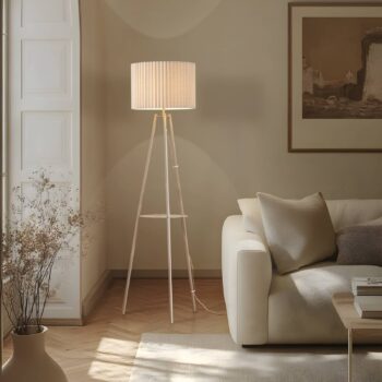 Lindby Stojacia lampa Libbie, 155 cm, ľan, krémová farba