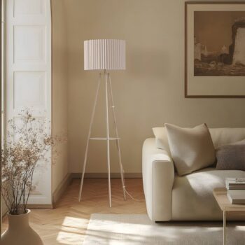 Lindby Stojacia lampa Libbie, 155 cm, ľan, krémová farba