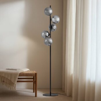 Lindby Stojacia lampa Orbelia, čierna, 5-pl., sklo