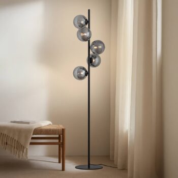 Lindby Stojacia lampa Orbelia, čierna, 5-pl., sklo