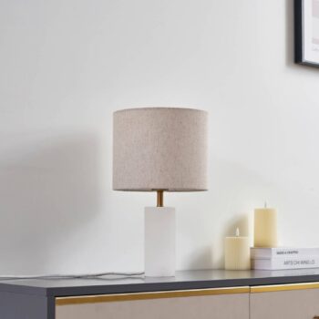 Lindby Stolová lampa Alabaster, biela/béžová, Ø 25cm, mramor, E27