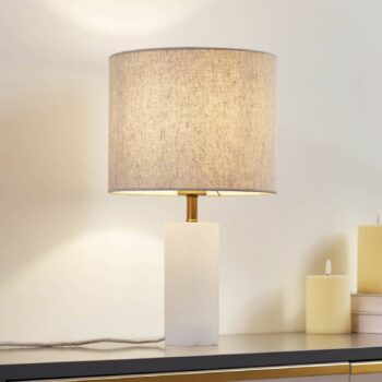 Lindby Stolová lampa Alabaster, biela/béžová, Ø 25cm, mramor, E27