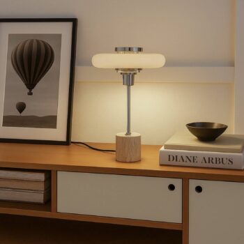 Lindby Stolová lampa Branford, retro, béžová, kov/travertín
