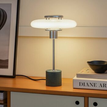 Lindby Stolová lampa Branford, retro, biela/zelená opálové sklo/mramor