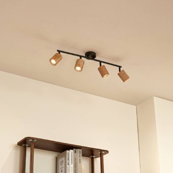 Lindby Stropné bodové svetlá Stralino, 4-pl., dĺžka 60 cm, drevo