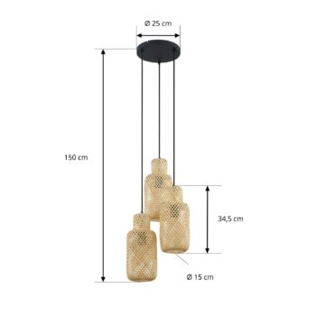 Lindby Venora závesné svietidlo, okrúhle, 3 svetlá, Ø 15 cm, bambus