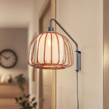 Lindby nástenné svetlo Davella, Ø 26 cm, čierne, bambus, textil