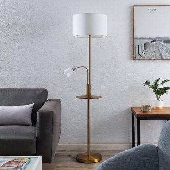 Lindby stojaca lampa Aovan, bronzová, odkladacia plocha, USB port