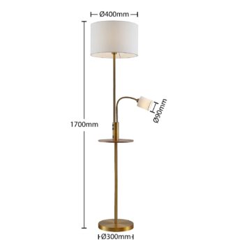 Lindby stojaca lampa Aovan, bronzová, odkladacia plocha, USB port