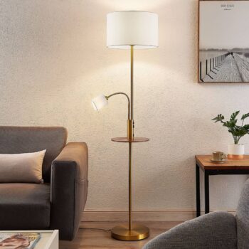 Lindby stojaca lampa Aovan, bronzová, odkladacia plocha, USB port