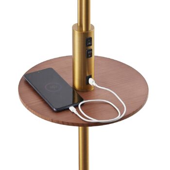 Lindby stojaca lampa Aovan, bronzová, odkladacia plocha, USB port