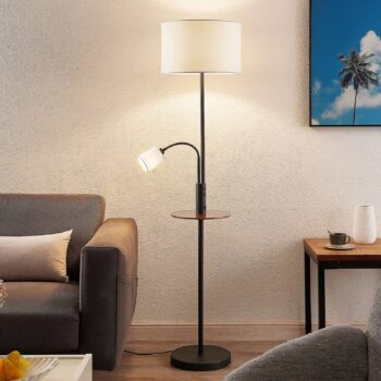 Lindby stojaca lampa Aovan, čierna, odkladací priestor, USB port
