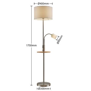 Lindby stojaca lampa Aovan, niklová farba, odkladací priestor, USB port