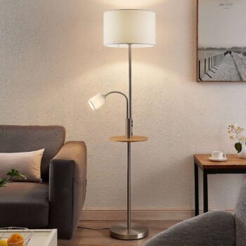Lindby stojaca lampa Aovan, niklová farba, odkladací priestor, USB port