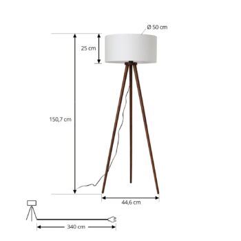 Lindby stojaca lampa Charlia, biela, orechové drevo, výška 150 cm