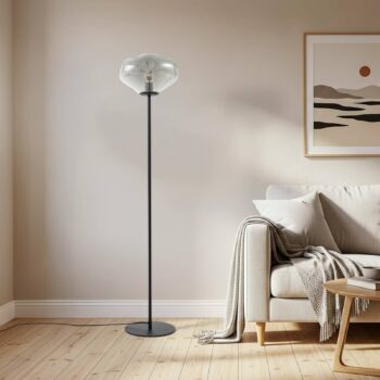 Lindby stojaca lampa Lelia, dymovo sivá, sklo, kov, 150 cm