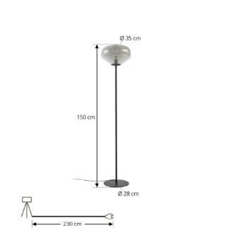 Lindby stojaca lampa Lelia, dymovo sivá, sklo, kov, 150 cm