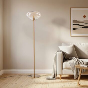 Lindby stojaca lampa Lelia, jantárová, sklo, kov, 150 cm