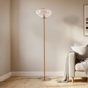 Lindby stojaca lampa Lelia, jantárová, sklo, kov, 150 cm