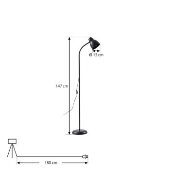 Lindby stojaca lampa Tebbi, čierna, kov, výška 150 cm