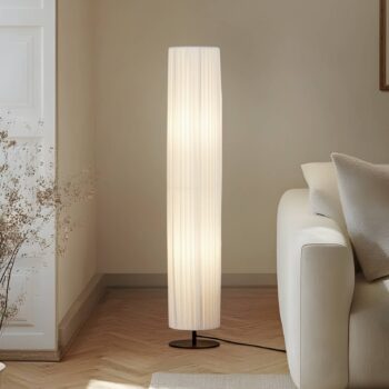Lindby stojaca lampa Virelle, biela, textil, výška 117 cm, E27