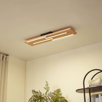 Lindby stropné LED svetlo Madero, borovicové drevo, 90 cm x 20 cm