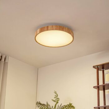 Lindby stropné LED svetlo Velua, biela/svetlé drevo, CCT, Ø 50 cm