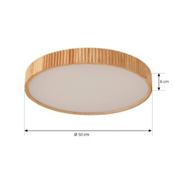 Lindby stropné LED svetlo Velua, biela/svetlé drevo, CCT, Ø 50 cm
