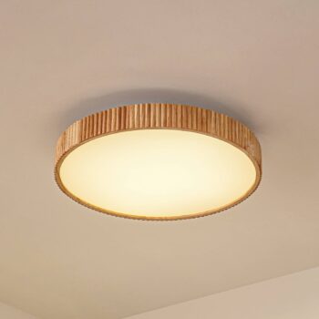 Lindby stropné LED svetlo Velua, biela/svetlé drevo, CCT, Ø 50 cm
