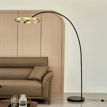 Lucande LED oblúková lampa Yekta, mosadzná farba, 183 cm, stmievateľná