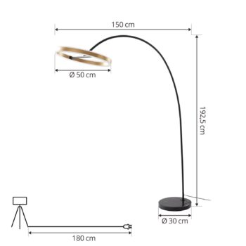 Lucande LED oblúková lampa Yekta, mosadzná farba, 183 cm, stmievateľná