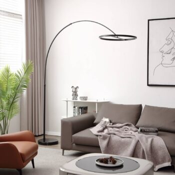 Lucande LED oblúková stojacia lampa Virvera, okrúhla, čierna, kov