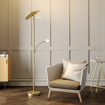 Lucande LED stojaca lampa Anniki, mosadz, nastaviteľná, stmievateľná