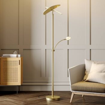 Lucande LED stojaca lampa Anniki, mosadz, nastaviteľná, stmievateľná