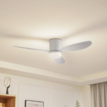 Lucande LED stropný ventilátor Kayu, biely, DC, tichý, Ø 132 cm