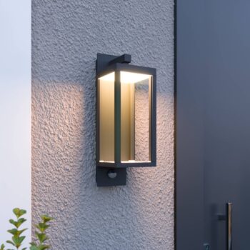 Lucande LED vonkajšie nástenné svietidlo Ferdinand, senzor, sivé, 38 cm