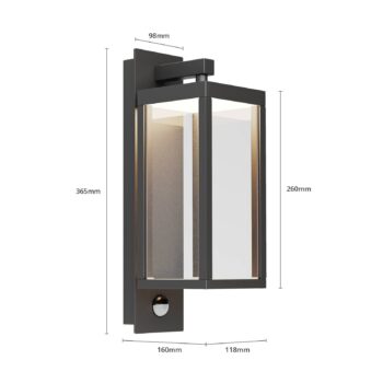 Lucande LED vonkajšie nástenné svietidlo Ferdinand, senzor, sivé, 38 cm